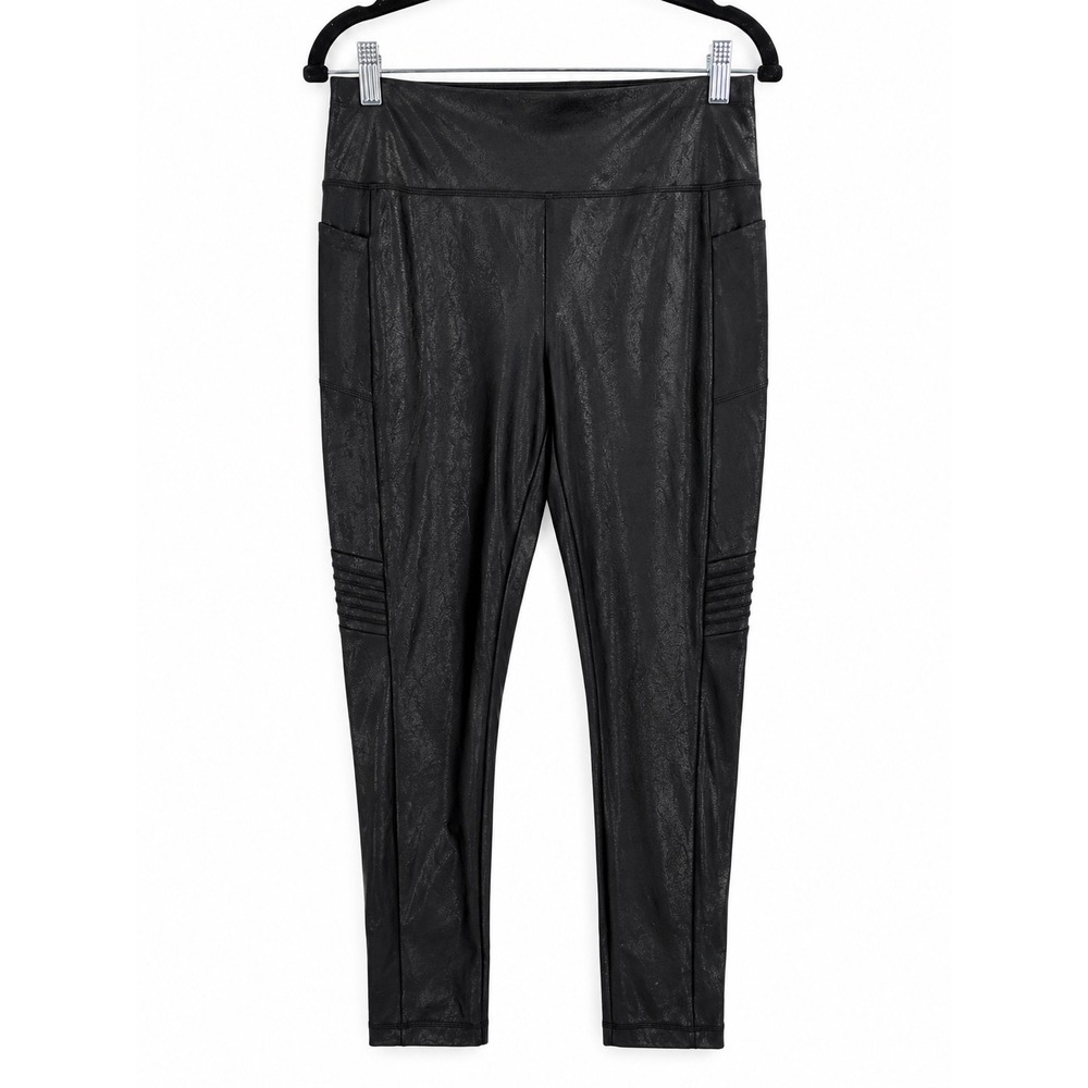 T by Talbots Leggings Women LP Black Faux Leather Moto Pockets Edgy Biker